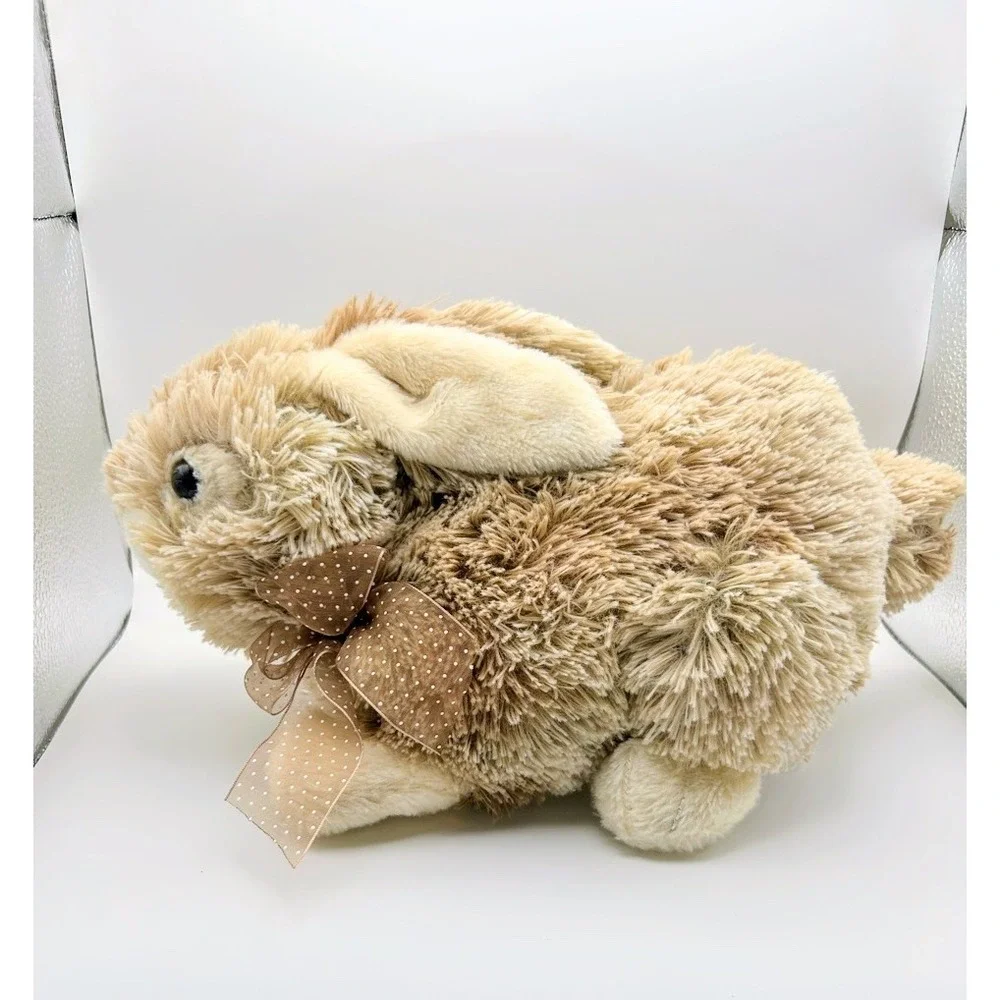 Dan Dee Collectors Choice Tan Shaggy Bunny Rabbit Plush Brown Polka Dot Bow 14in